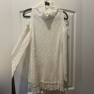 Easel Women’s Cream Cowl Neck Cold Shoulder Cut-Out Sweater with Ruffle Trim